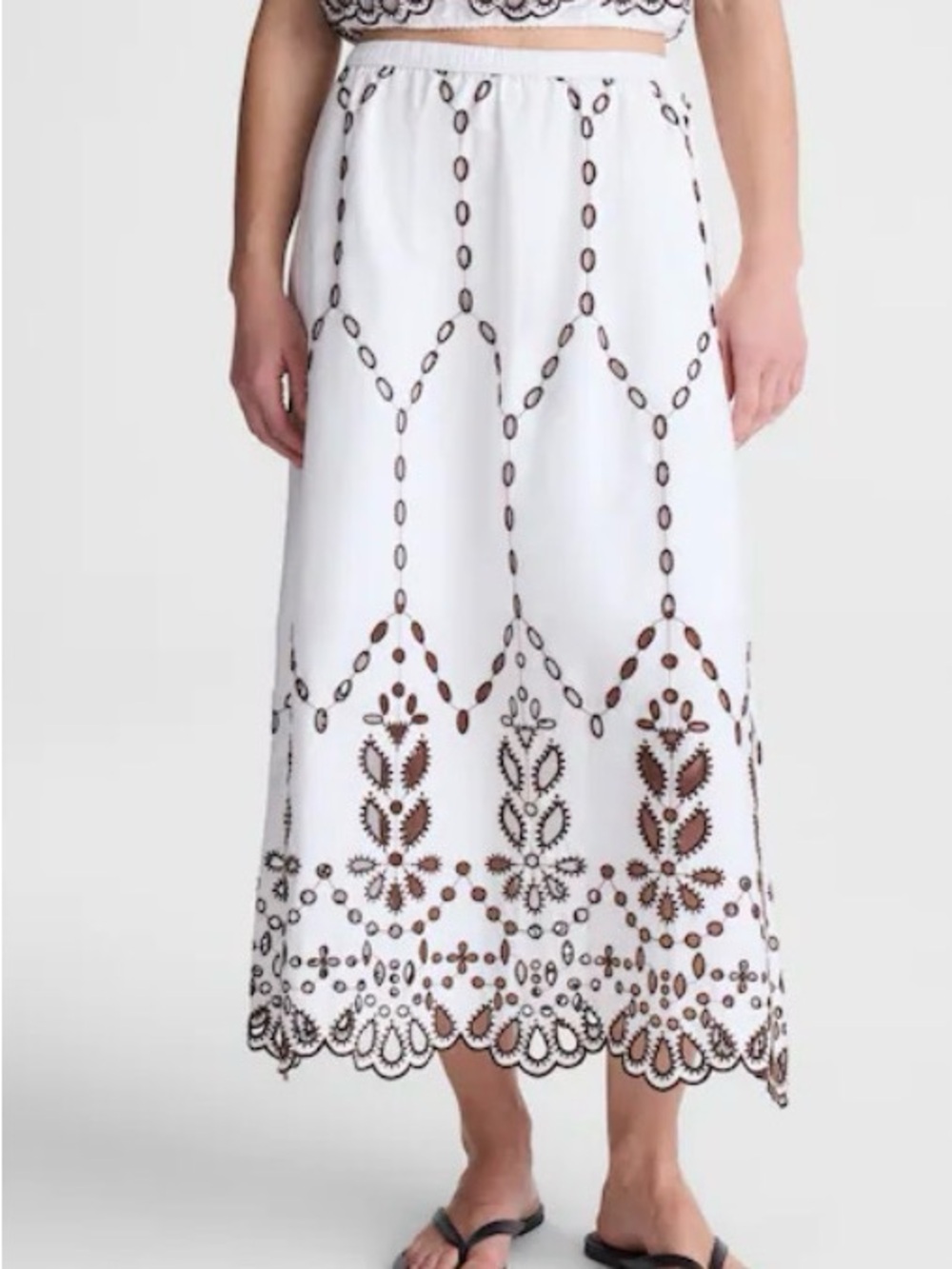 Madewell White Eyelet Midi Skirt with Brown Embroidery